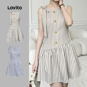 Lovito Listrada Casual Vestido Feminino com Laço Frontal Estampa