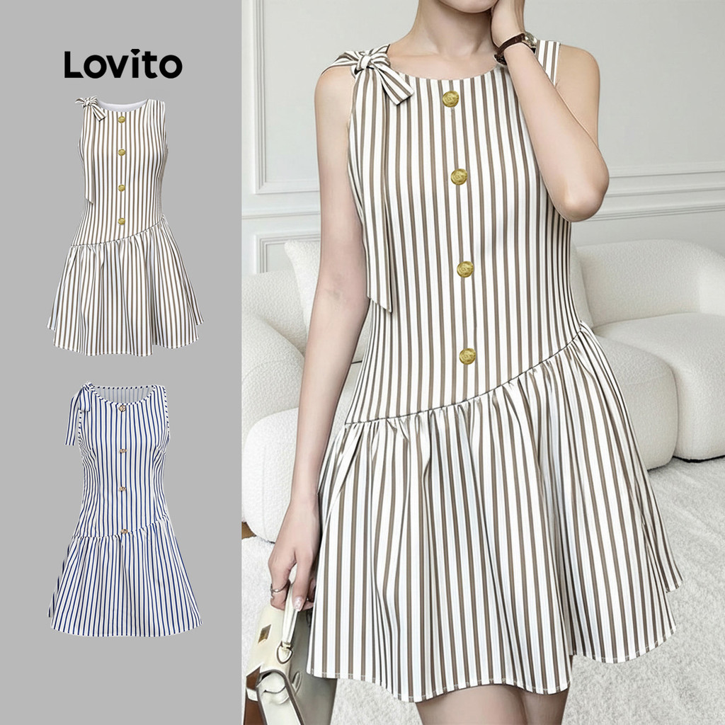 Lovito Listrada Casual Vestido Feminino com Laço Frontal Estampa