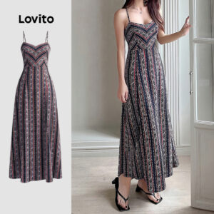 Lovito Listrado Férias Vestido com Amarração Nas Costas Vestido