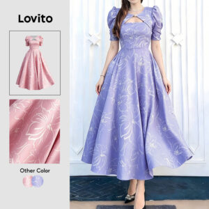 Lovito Padrão de Vestido Casual Plissado Roxo Vestido Feminino