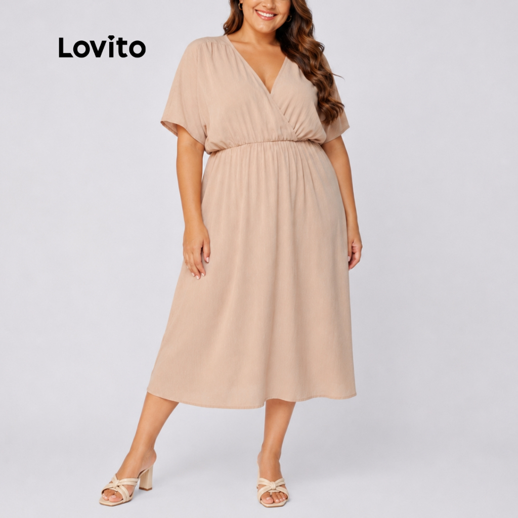 Lovito Plus Size Vestido Feminino Elegante Midi Viscose Envelope — Moda Feminina