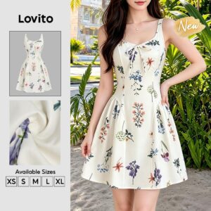 Lovito Vestido Boho com Renda Amarração Branco Marfim Vestido