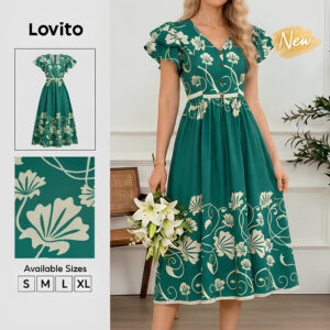 Lovito Vestido Casual Verde Primavera verão Vestido Feminino Com