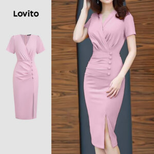 Lovito Vestido Elegante Plissado para Primavera verão Rosa Vestido