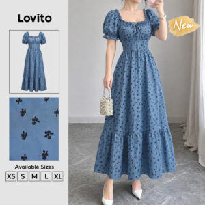Lovito Vestido Feminino Azul com Micro Floral Babado e Amarração