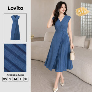 Lovito Vestido Feminino Azul com Pregas Assimétricas Modelo A