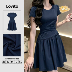 Lovito Vestido Feminino Azul-Escuro Casual com Linhas Estruturadas e