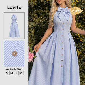 Lovito Vestido Feminino Azul Listrado com Amarração e Botão Frontal