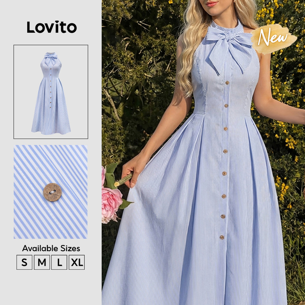 Lovito Vestido Feminino Azul Listrado com Amarração e Botão Frontal
