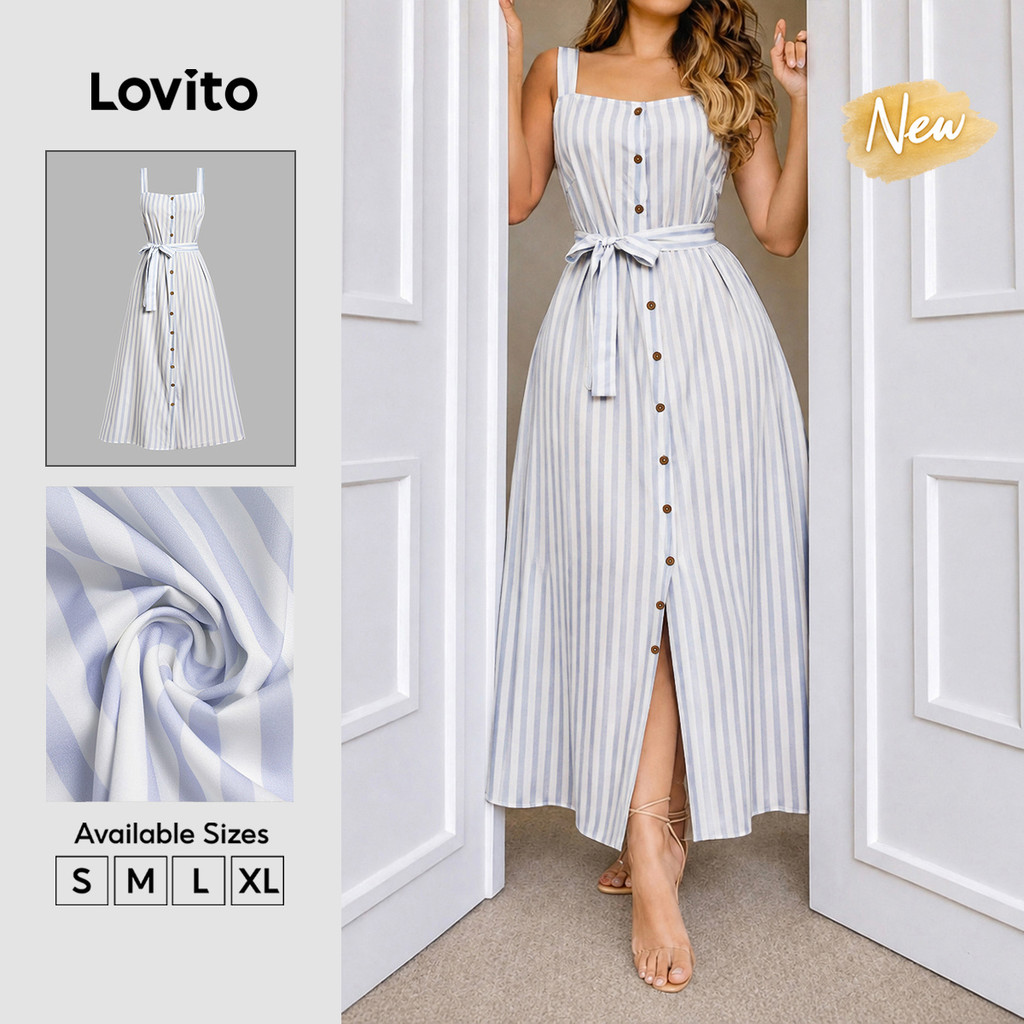 Lovito Vestido Feminino Boho Listrado Azul E Branco Botões Frontais — Moda Feminina