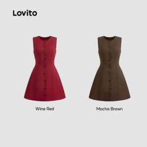 Lovito Vestido Feminino Casual com Botões Frontais Vinho para