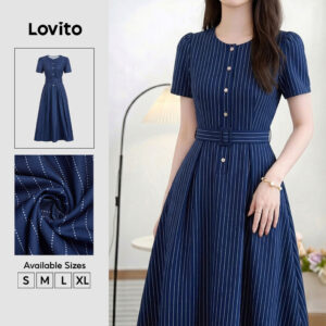 Lovito Vestido Feminino Casual Listrado Com Botões Longo E Evasê