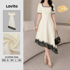 Lovito Vestido Feminino Casual Longo De Cor Lisa Com Renda E Cores