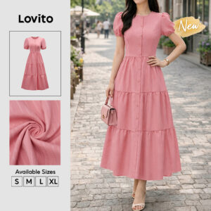 Lovito Vestido Feminino Casual Rosa Plissado Com Botões Linha A