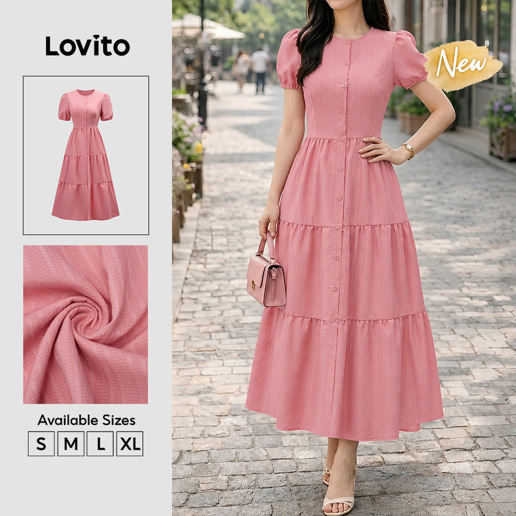 Lovito Vestido Feminino Casual Rosa Plissado Com Botões Linha A