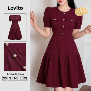 Lovito Vestido Feminino Claret De Comprimento Até O Joelho Com Botões