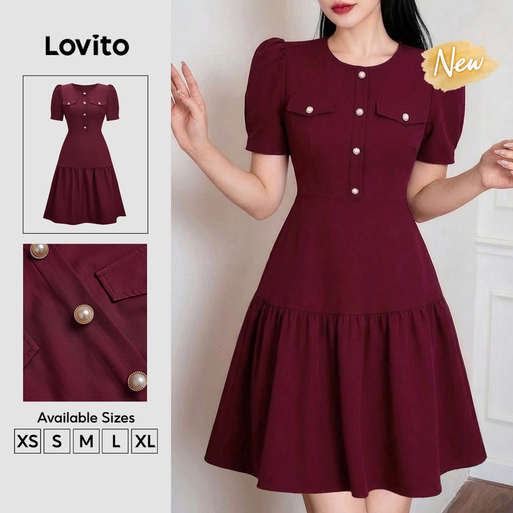 Lovito Vestido Feminino Claret De Comprimento Até O Joelho Com Botões