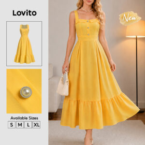 Lovito Vestido Feminino Elegante Amarelo Modelo Longo com Babado