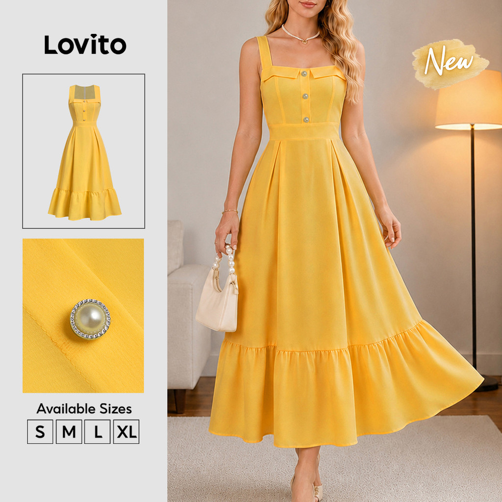 Lovito Vestido Feminino Elegante Amarelo Modelo Longo com Babado