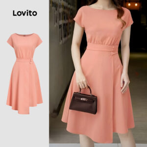 Lovito Vestido Feminino Elegante com Cinto e Botão Assimétrico