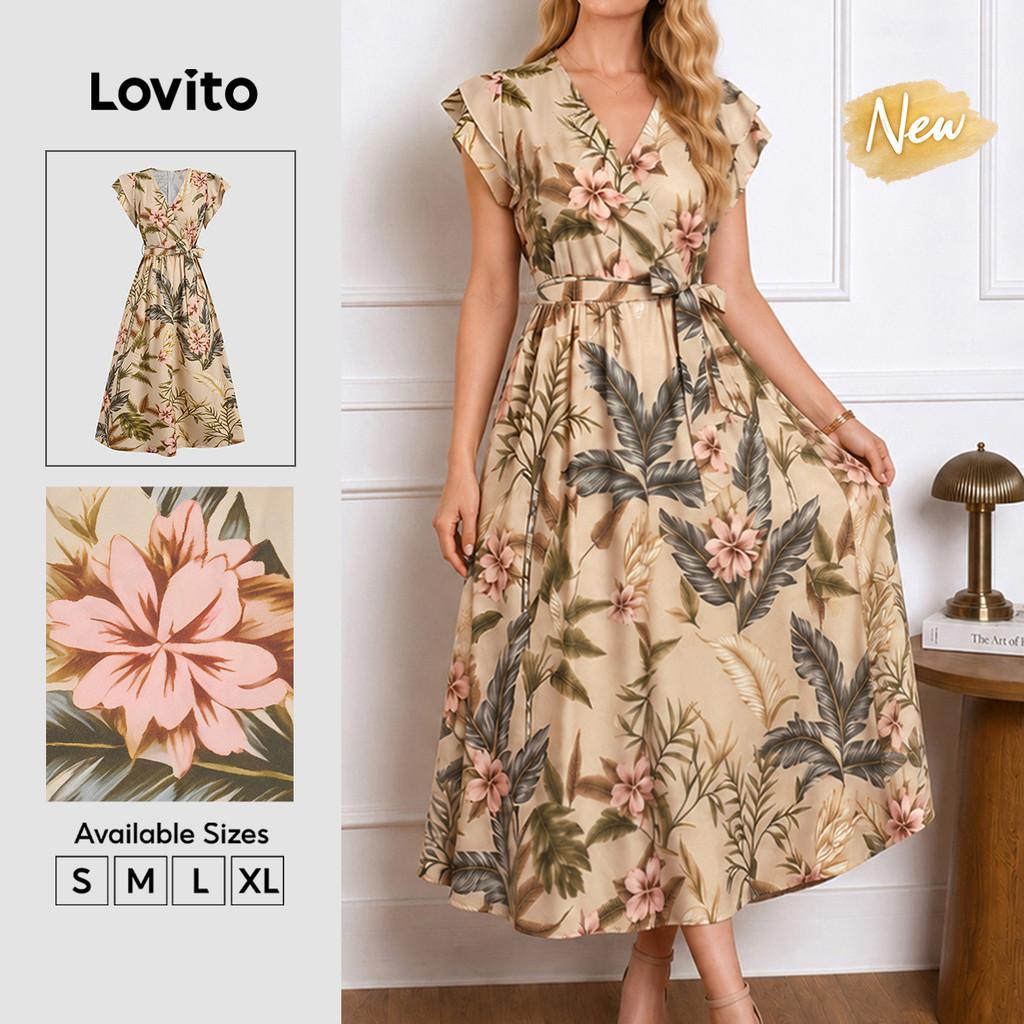 Lovito Vestido Feminino Elegante com Estampa Zíper e Cinto primavera — Moda Feminina