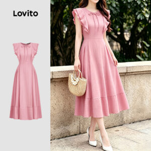 Lovito Vestido Feminino Elegante Com Pregas E Zíper Rosa Para