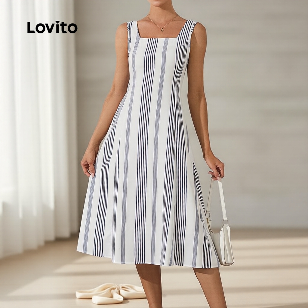 Lovito Vestido Feminino Estiloso com Babados Listrados para Primavera