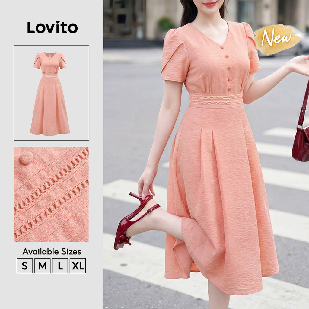 Lovito Vestido Feminino Laranja Casual com Renda Botão e Pregas