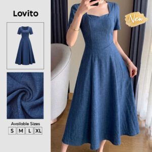 Lovito Vestido Feminino Linha Structure Casual Azulescuro Longo evasê