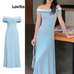 Lovito Vestido Feminino Longo Elegante Ombro a Ombro DRB99ED1033