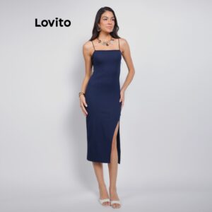 Lovito Vestido Feminino Malha Canelada de Alças Finas DRB19391969