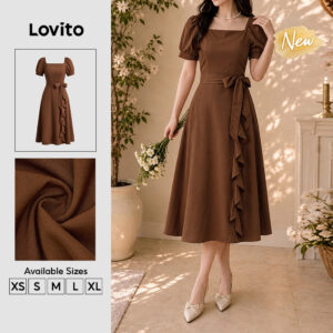Lovito Vestido Feminino Marrom Drapeado com Babado Modelo Longo A