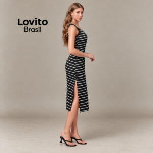Lovito Vestido Feminino Midi Básico Listrado com Fenda Lateral