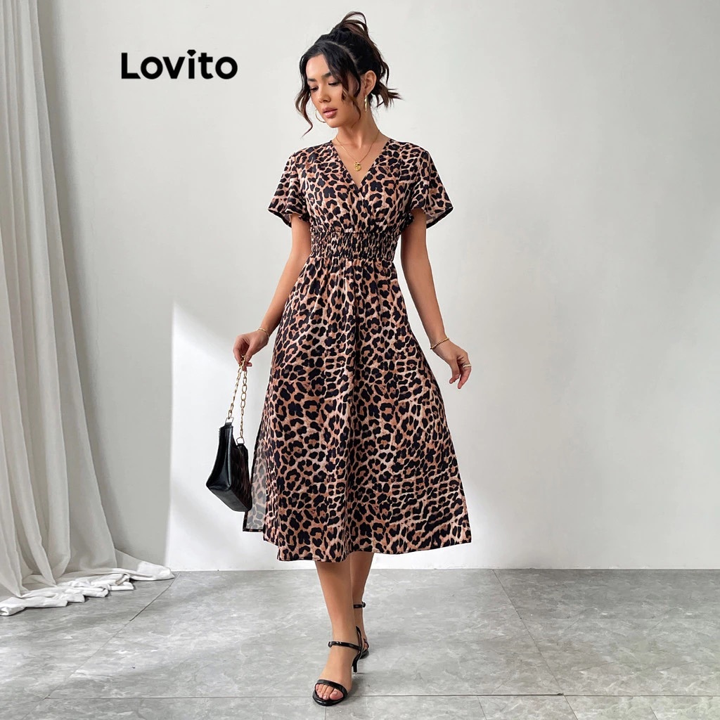 Lovito Vestido Feminino Midi Estampa Leopardo DRB18BR391