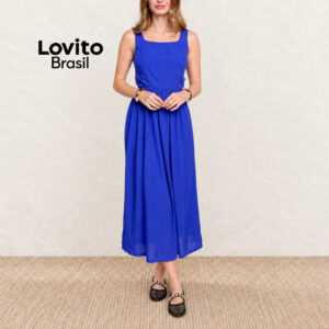 Lovito Vestido Feminino Midi Rodado com Alças Largas Moda Feminina