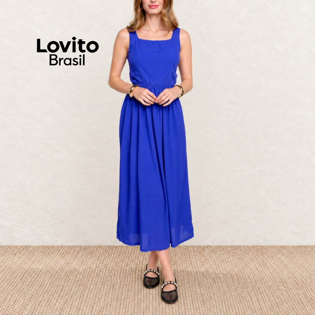 Lovito Vestido Feminino Midi Rodado com Alças Largas Moda Feminina