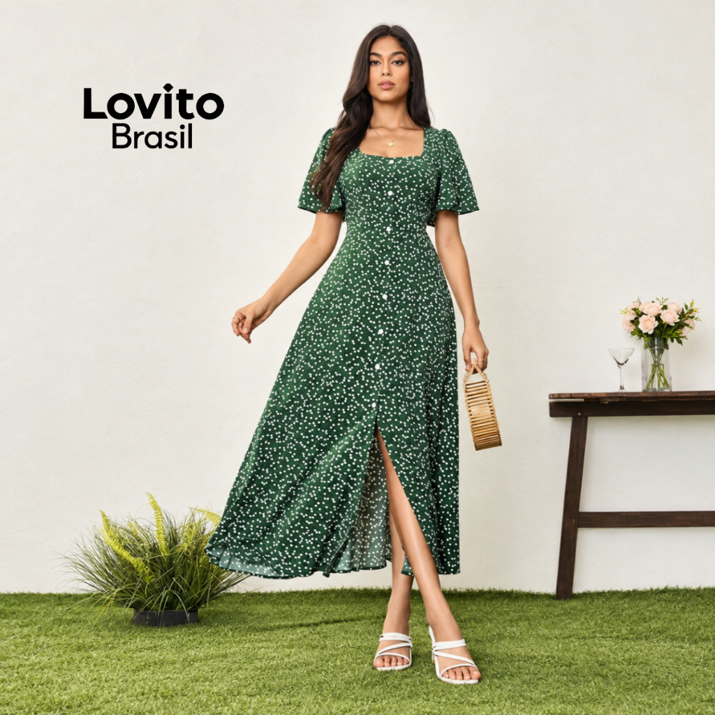 Lovito Vestido Feminino Midi Romântico Estampado DRB5BR180 — Moda Feminina