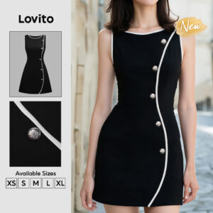 Lovito Vestido Feminino Preto Casual com Acabamento Contrastante e