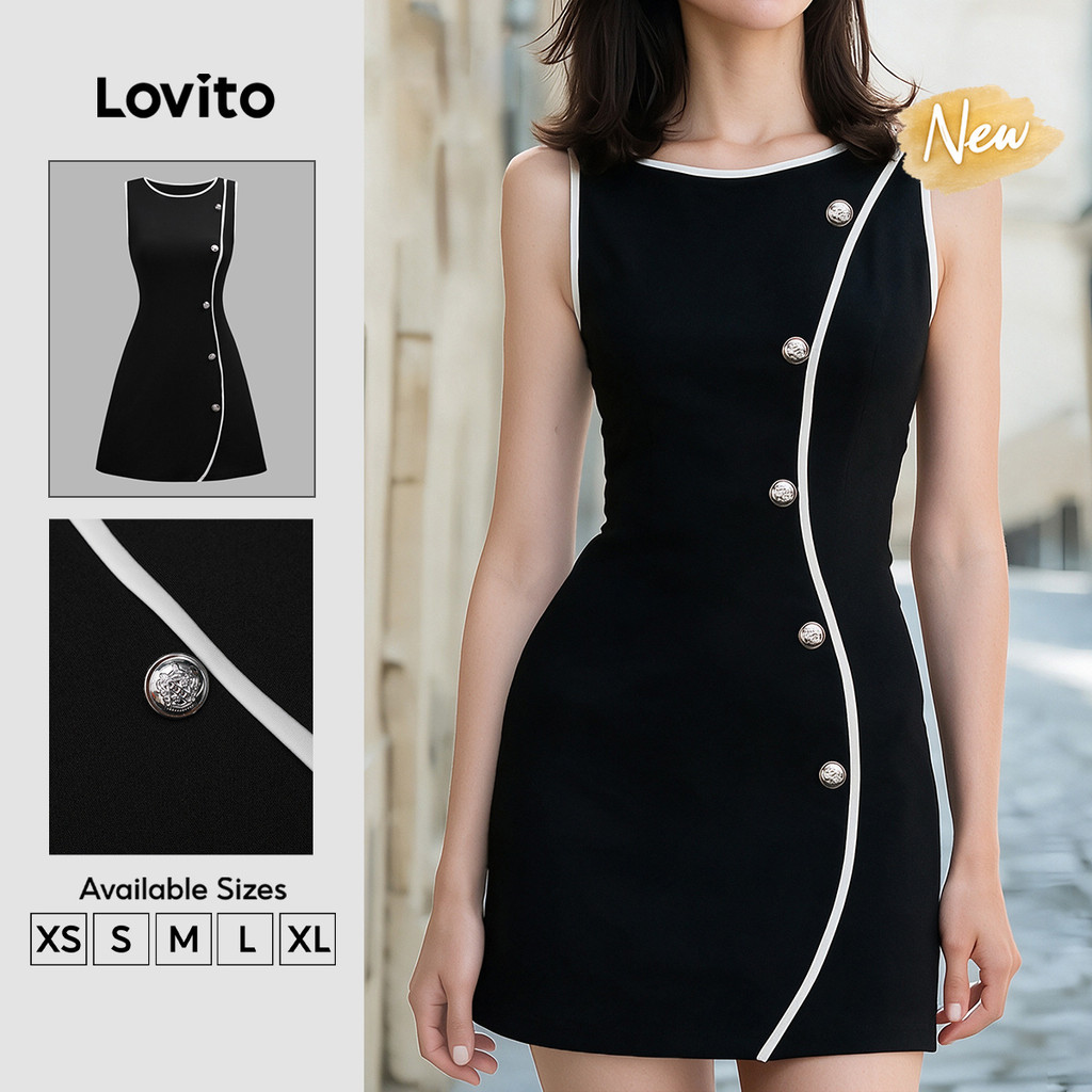 Lovito Vestido Feminino Preto Casual com Acabamento Contrastante e — Moda Feminina