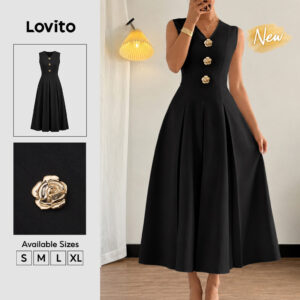 Lovito Vestido Feminino Preto Elegante Fivela Metálica Zíper e Barra