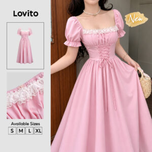 Lovito Vestido Feminino Rosa Elegante Liso E De Cor Sólida Com Renda