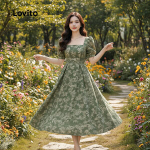 Lovito Vestido Feminino Verde com Zíper para Primavera verão L161LD013