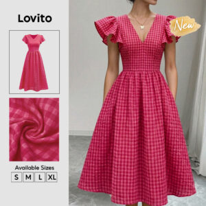 Lovito Vestido Feminino Vermelhorosa Xadrez Vichy Longo evasê Com