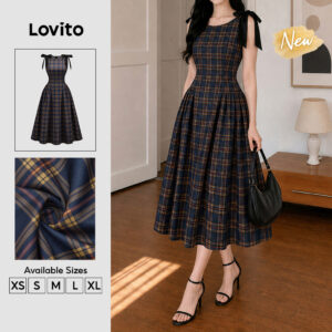 Lovito Vestido Feminino Xadrez Casual com Amarração e Drapeado Modelo