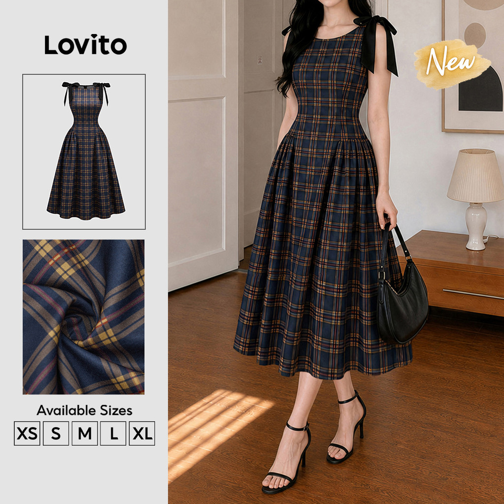 Lovito Vestido Feminino Xadrez Casual com Amarração e Drapeado Modelo