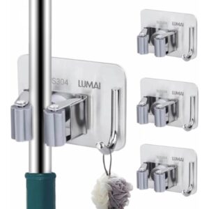Lumai Kit 3 Suportes Vassoura Parede Inox 304 Adesivo 3M Sem Furo