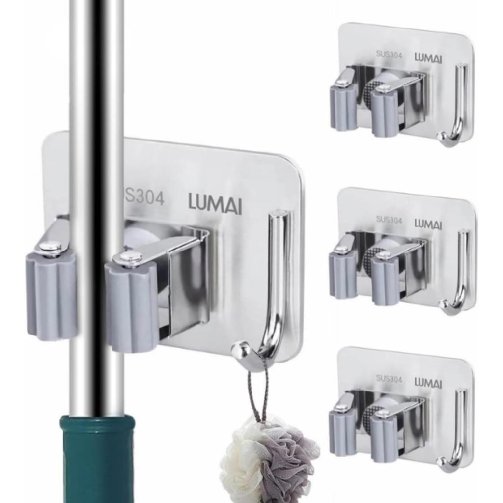 Lumai Kit 3 Suportes Vassoura Parede Inox 304 Adesivo 3M Sem Furo