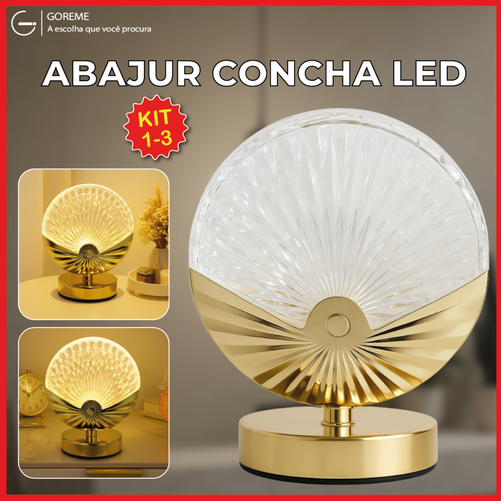 Luminária Abajur Concha de Cristal Luxuoso Dourado Led Moderno 3 Tons