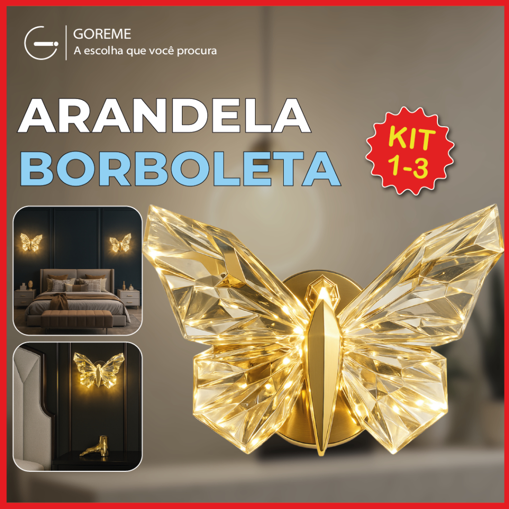 Luminária Arandela Borboleta Led Cristal Dourada de Luxo Moderna Luz