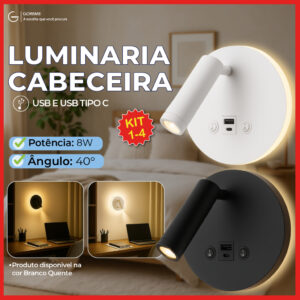 Luminária Arandela Cabeceira Led 8W Recarregável Branco ou Preto Luz